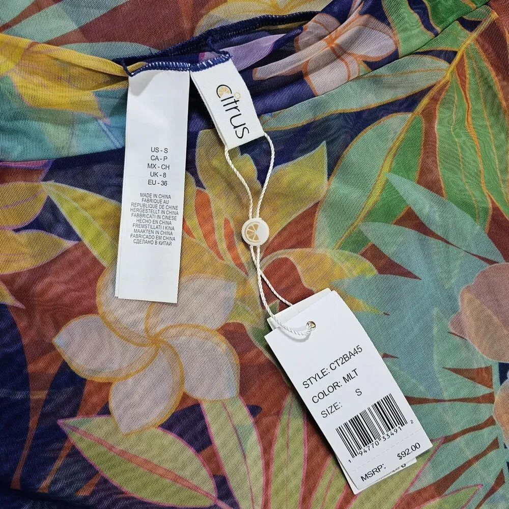 Citrus Multi-Colored Hawaiian Flowers Beach Sarong High Slit Cover Up Size Small